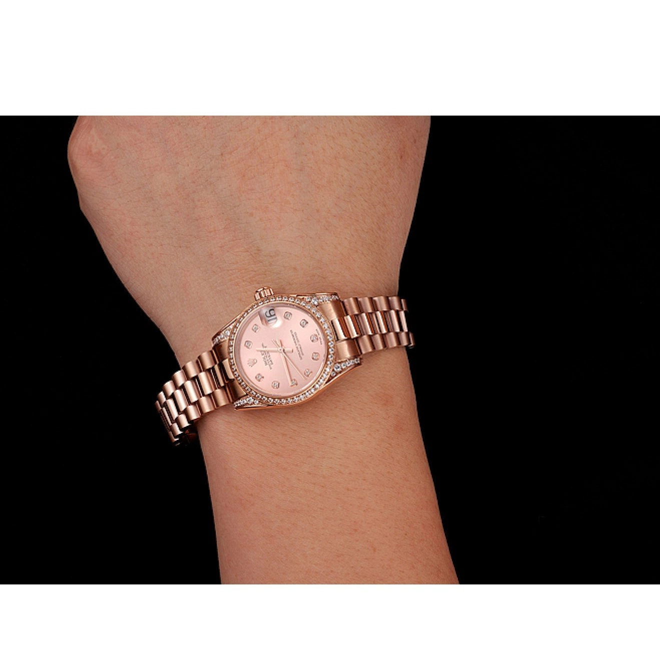 Aaa replica watch Case DateJust Swiss 1453977 Diamond Gold Gold Bracelet Rolex Dial Rose Rose 0724